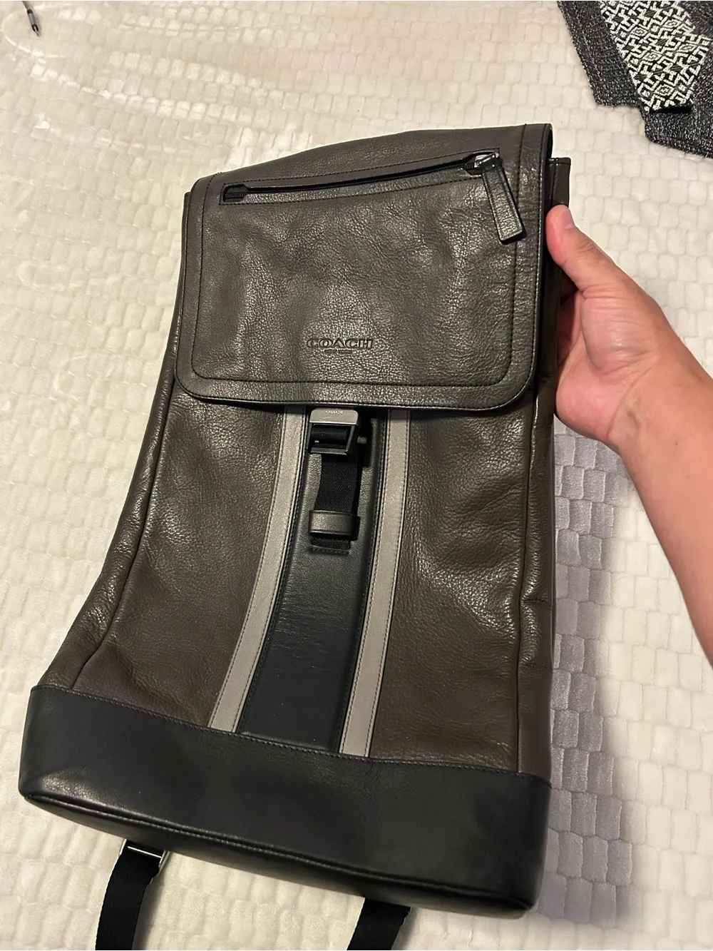 Coach Men's Backpack in Brown with Black and Gray Stripes